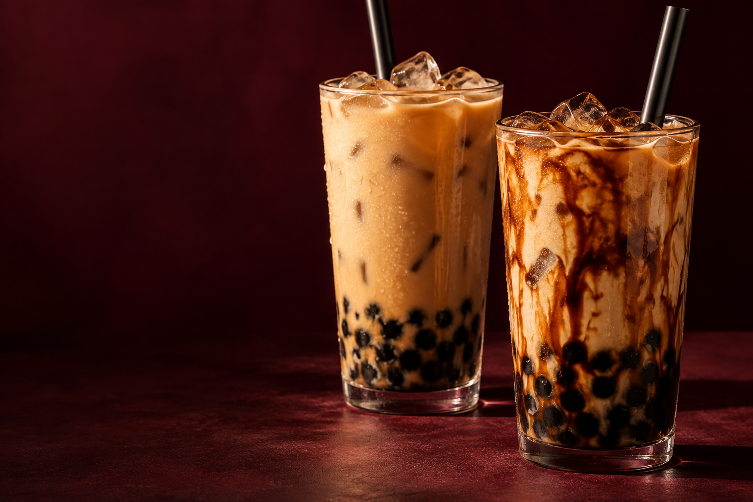 Iced milk teas with dark tapioca pearls and rich brown sugar swirls